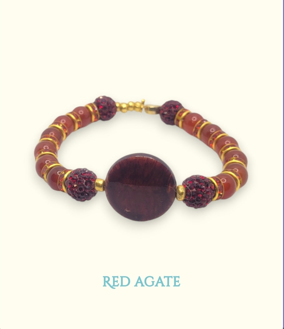 Red agate with red Rhinestones beaded bracelet