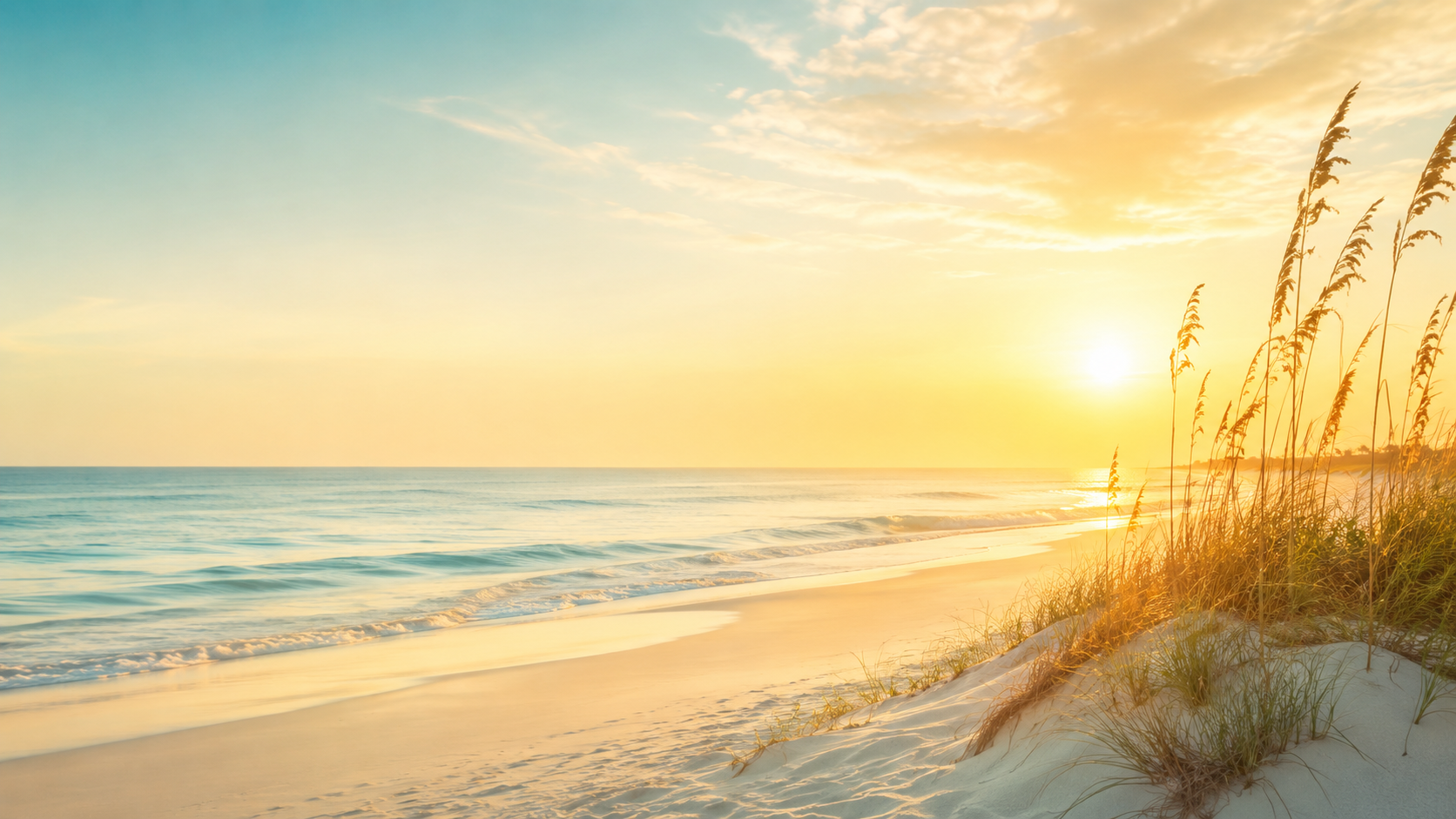 Peaceful golden beach with teal water and soft dune grass