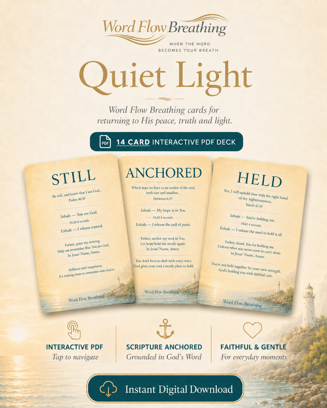 Quiet Light - Word Flow Breathing 14 Card Deck includes Free RENEWED E-book