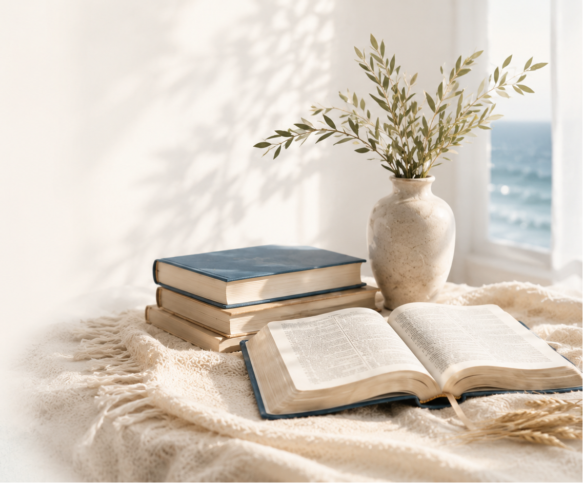 Open Bible and books in a peaceful RENEWED setting